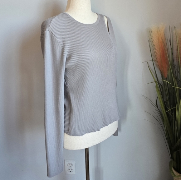 Revolve, 525 America Gray Layered Cut Out Ribbed Wrap Sweater Top, Size Large - Picture 5 of 11